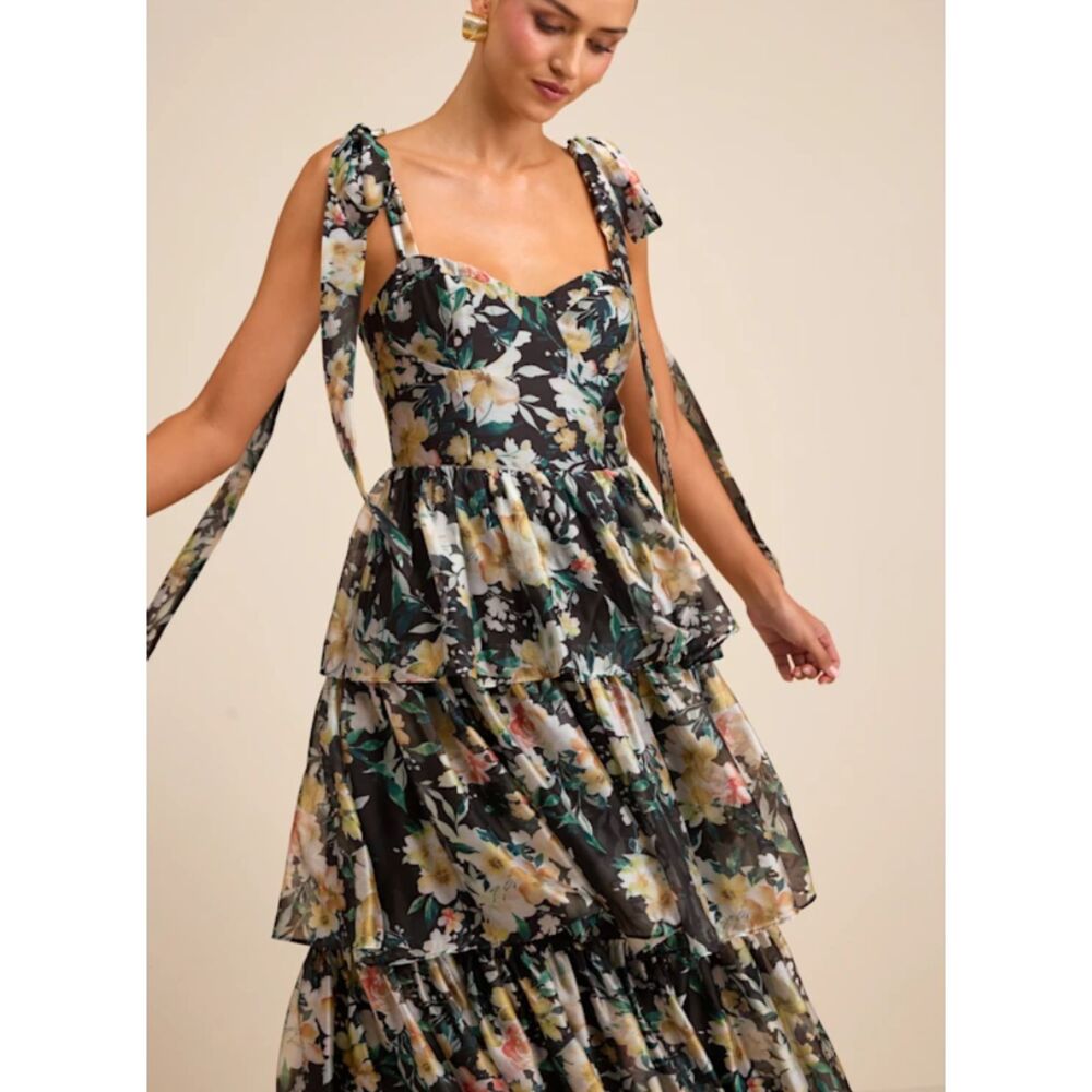 Lulus Women’s XL Black Floral Tiered Ruffle Tie Strap Midi Dress